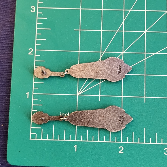 1980s Duri Abalone Shell Rhinstone Pewter Dangle Chandelier Pierced Earrings - Picture 11 of 11